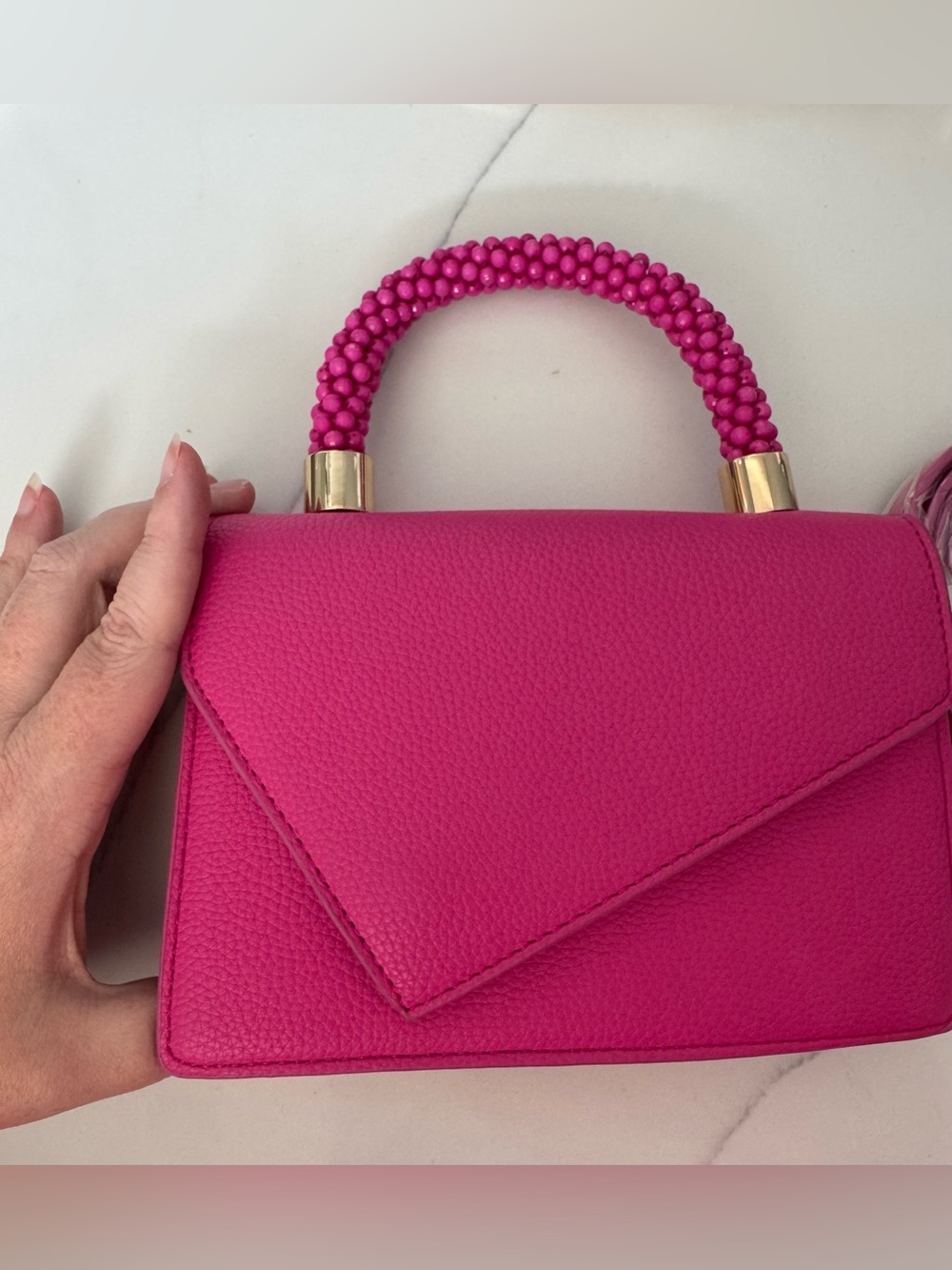 Structured Hot Pink Top-Handle Crossbody Bag with Beaded Handle - Picture 6 of 8